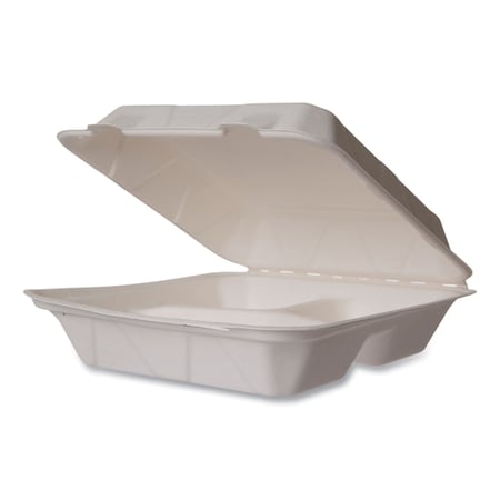 Vegware White Molded Fiber Clamshell Containers, 3-Compartment, 9 x 18 x 2, White, Sugarcane, PK200 WHBRG-9-3 HW